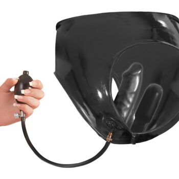 Slip af latex, med integreret dobbelt-dildo, som kan pumpes op