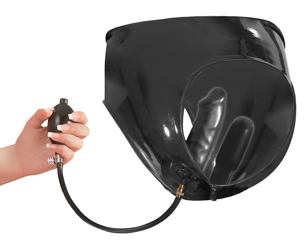 Slip af latex, med integreret dobbelt-dildo, som kan pumpes op