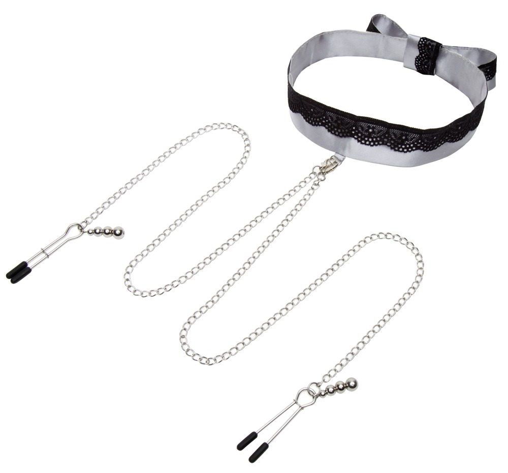 Halsbånd med brystvorteklemmer Halsband mit Nippelklemmen âPlay Nice Satin Collar & Nipple Clampsâ